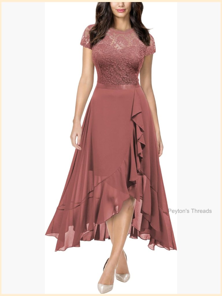 Retro Lace Contrast Chiffon Ruffle Evening Maxi Dress